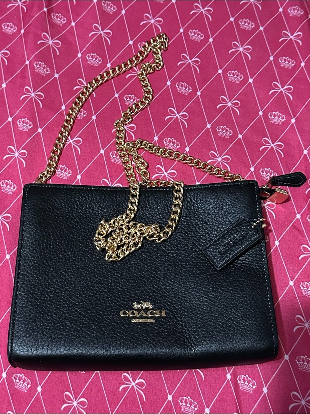 Coach Black Pebbled Leather Crossbody with Gold Chain Strap